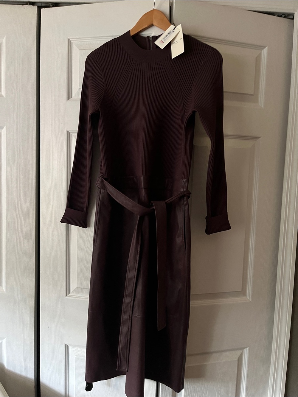 Ted Baker London Burgundy Ribbed Knit & Faux Leather Long-Sleeve Midi Dress